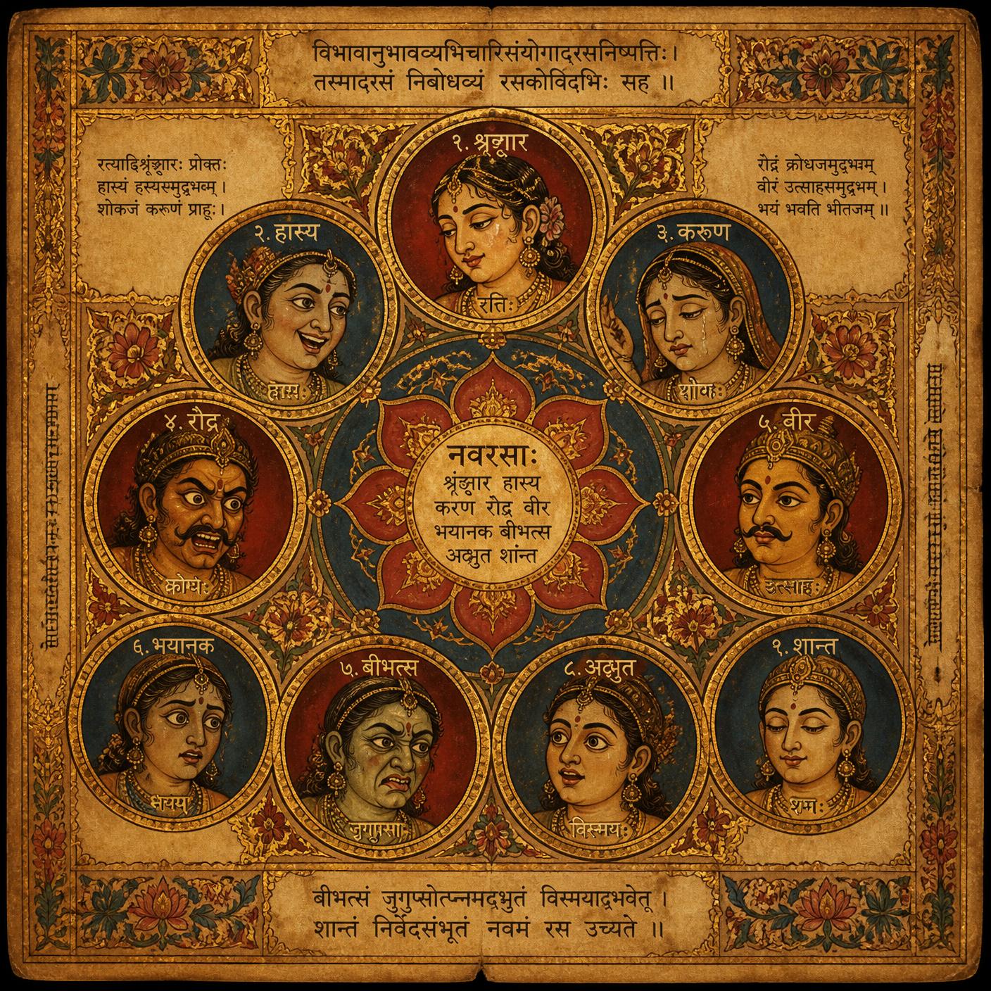 A mandala of the nine rasas in the style of an ancient Sanskrit folio.